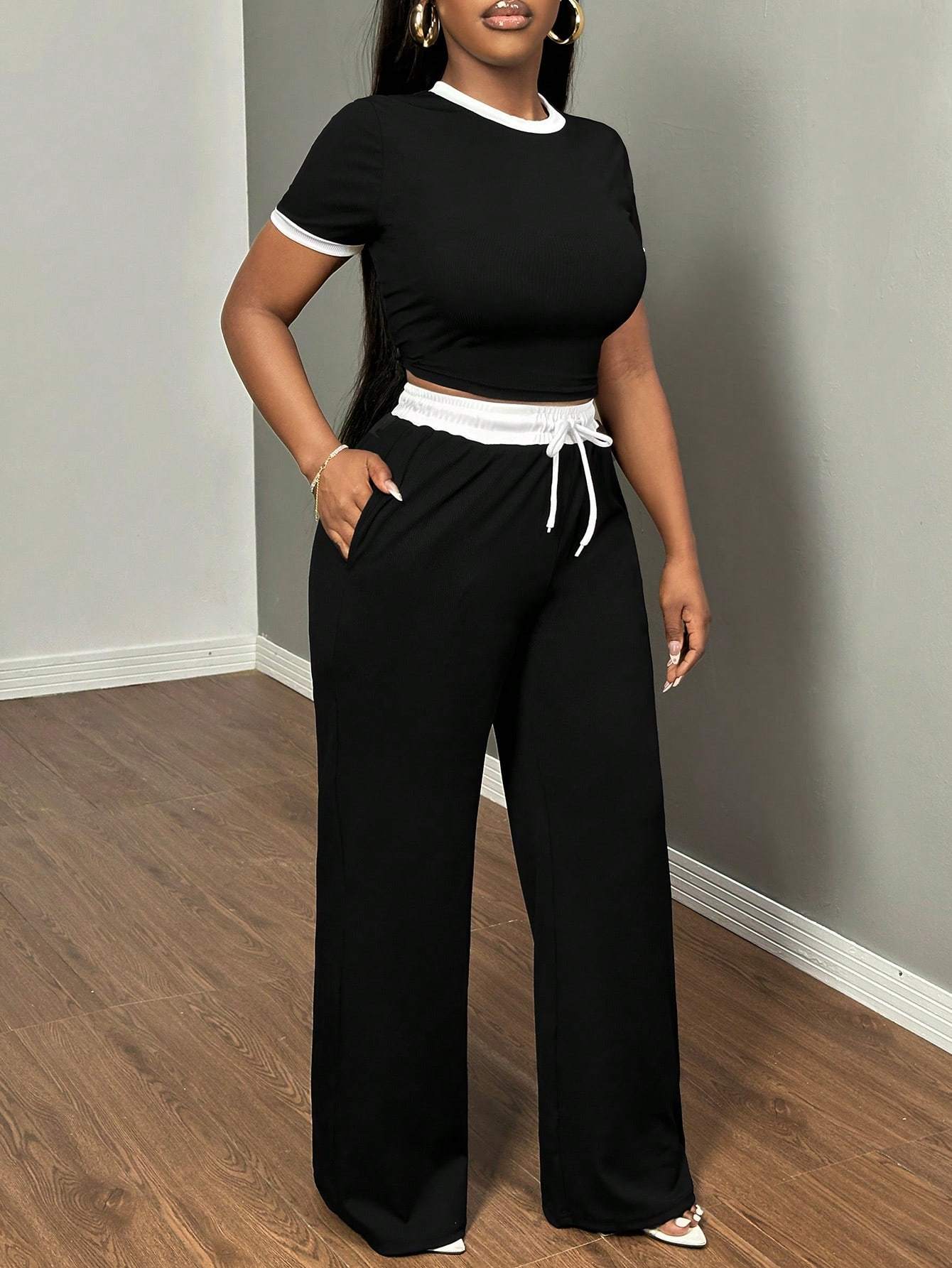 Round Neck Contrast Color Fashion Commuting Wearable Short Sleeve Wide Leg Pants 2pcs Women's Pajama Set