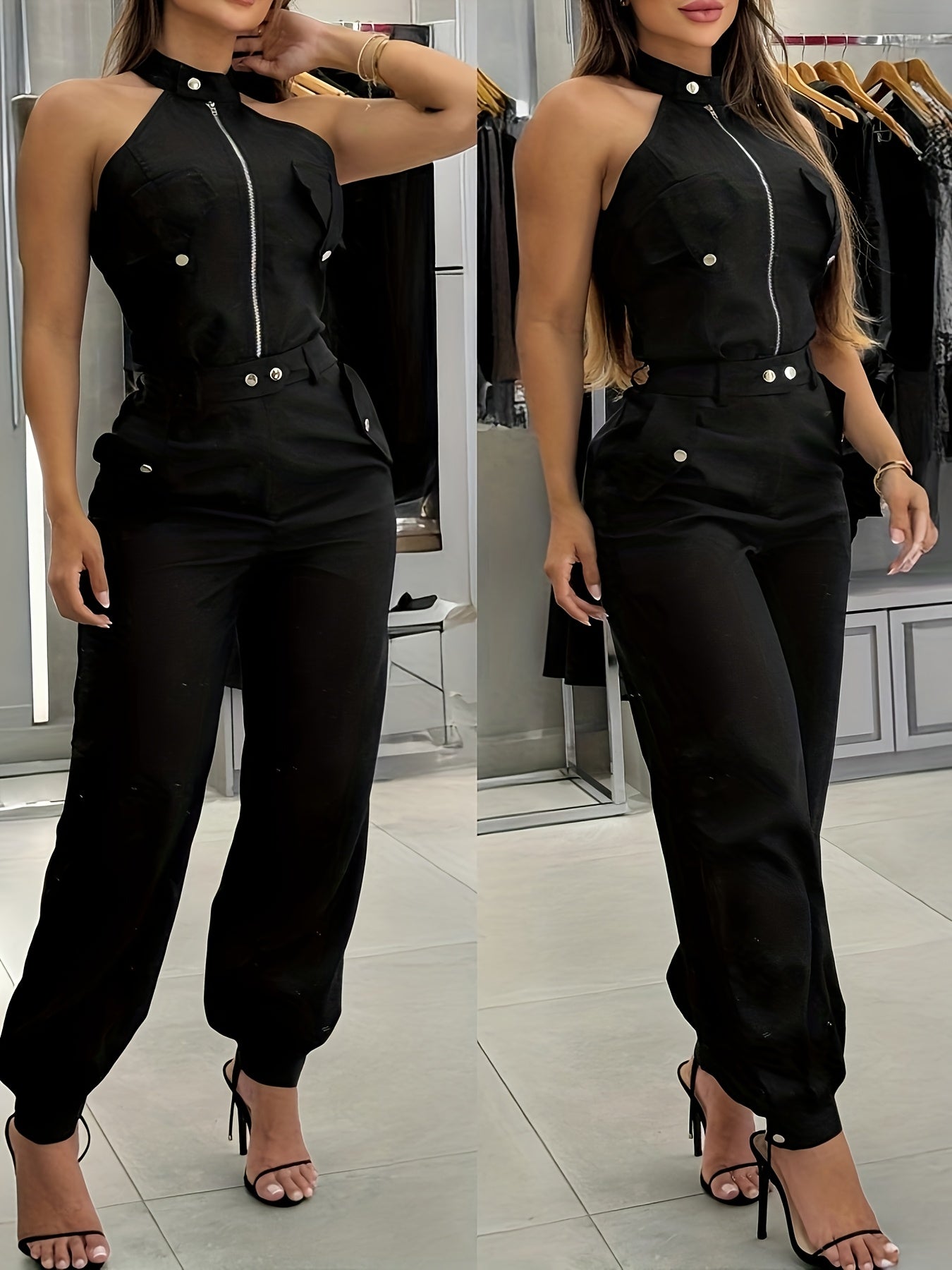 2pcs Outfits Sleeveless High Neck Cargo Pockets Design Top And Casual Cuffed Long Pants Set