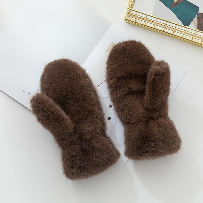 1 Pair Women’s Cozy Faux Fur Mittens - Thick, Warm & Soft Beige Winter Gloves for Outdoor Activities, Hand Washable Polyester
