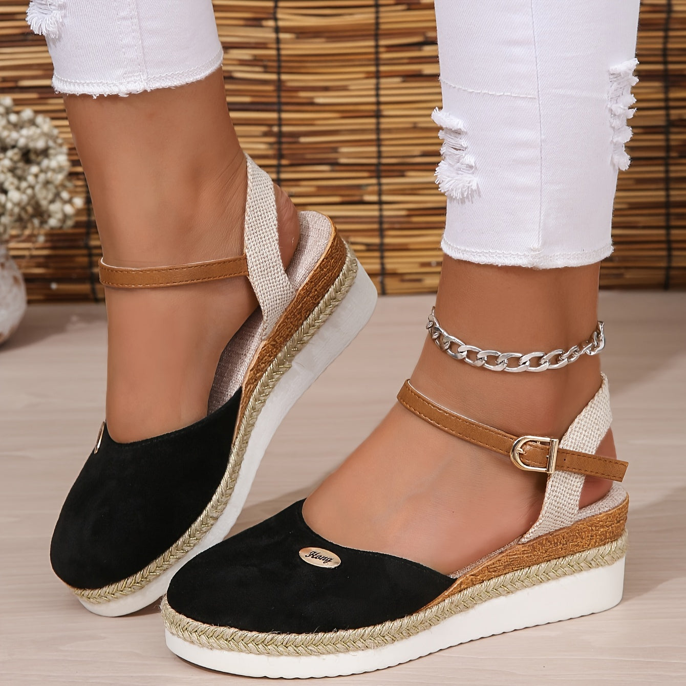 [Colorblock Platform Sandals Women's] Women's Colorblock Platform Sandals, Ankle Buckle Strap Comfy Slingback Shoes, Versatile Closed Toe Wedge Shoes
