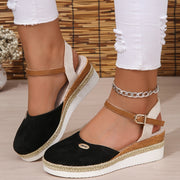 [Colorblock Platform Sandals Women's] Women's Colorblock Platform Sandals, Ankle Buckle Strap Comfy Slingback Shoes, Versatile Closed Toe Wedge Shoes