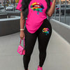 two piece Women's Two-Piece Lip Print Set: Short Sleeve T-Shirt & Leggings Outfit