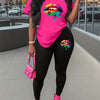 two piece Women's Two-Piece Lip Print Set: Short Sleeve T-Shirt & Leggings Outfit