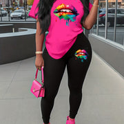 two piece Women's Two-Piece Lip Print Set: Short Sleeve T-Shirt & Leggings Outfit