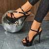 Women's Summer Black Platform Stiletto Heel Sandals - Open Toe Ankle Strap with Adjustable Hook-and-Loop Closure, Cushioned Insole & Non-Slip Rubber Sole, Elegant PU Cover Dress Shoes for Parties, Events, Casual Outings, Fash