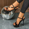 Women's Summer Black Platform Stiletto Heel Sandals - Open Toe Ankle Strap with Adjustable Hook-and-Loop Closure, Cushioned Insole & Non-Slip Rubber Sole, Elegant PU Cover Dress Shoes for Parties, Events, Casual Outings, Fash