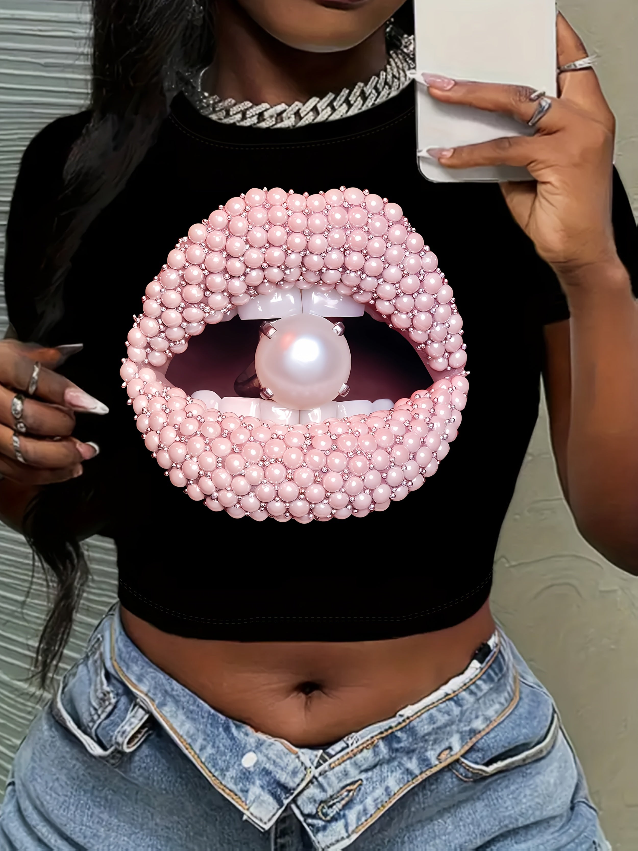 Y2K Short Sleeve Crew Neck Polyester Knit Fabric Medium Stretch T-Shirt, Regular Length, All Season, with Lips & Pearl Pattern, for Women