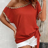 Elegant One-Shoulder Golden Lace Trim Blouse for Women - Stylish Red Off-Shoulder Top with Knot Detail, Breathable Polyester, Perfect for Spring/Summer Outfits