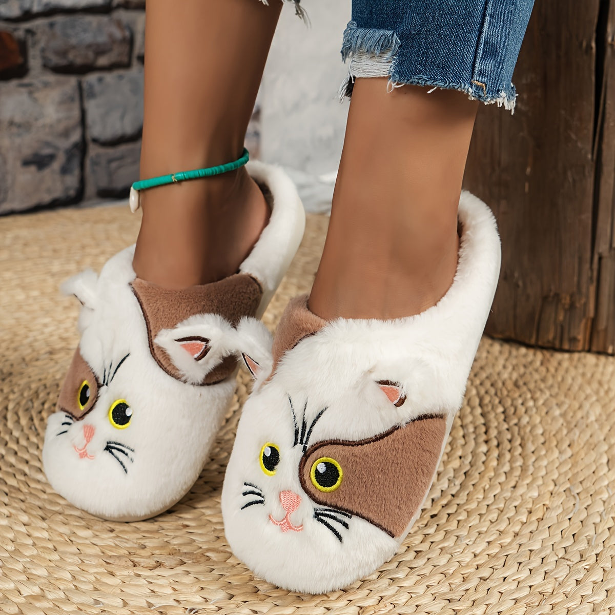 Cute Cartoon Cat Design Slippers, Casual Slip On Plush Lined Shoes, Comfortable Indoor Home Slippers