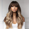 22" Ombre Brown to Blonde Curly Wig with Bangs - Natural Fluffy High-Temperature Fiber, Loose Waves for Everyday & Party Wear, Rose Net Cap, 180% Density