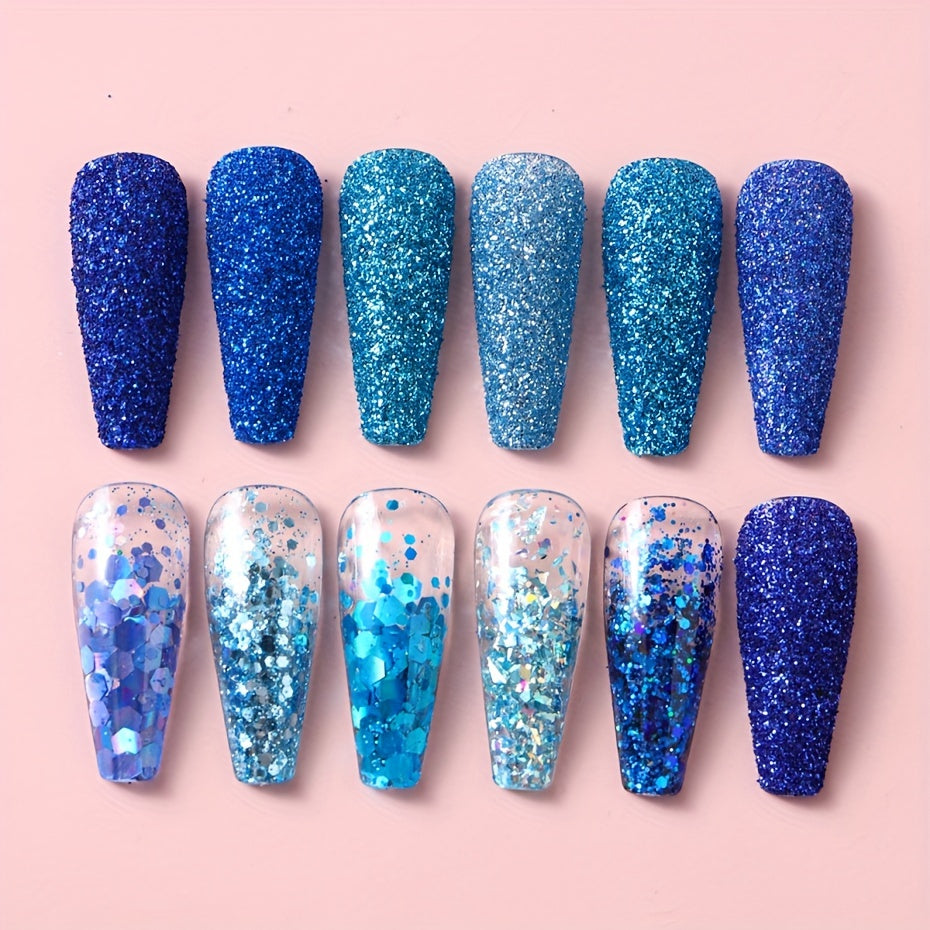 FULL BEAUTY Sparkly Blue Nail Glitter Set: 12 Grids of Shimmering Blue Sequins, Diamond Chrome, Fine Powder, Dust, Chunky Flakes, and Paillettes for DIY Manicure Decoration