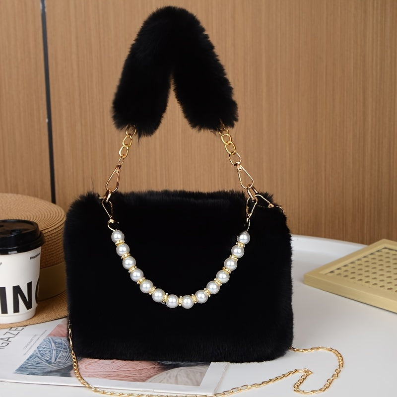 Faux Fur Shoulder Bag with Chain Strap, Synthetic Solid Color Handbag, Zipper Closure, Unlined, Non-Washable - Fashionable Mini Square Purse for Women
