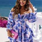 Floral Print Off Shoulder Dress, Elegant Long Sleeve Backless Lettuce Trim Layered Hem Dress, Women's Clothing