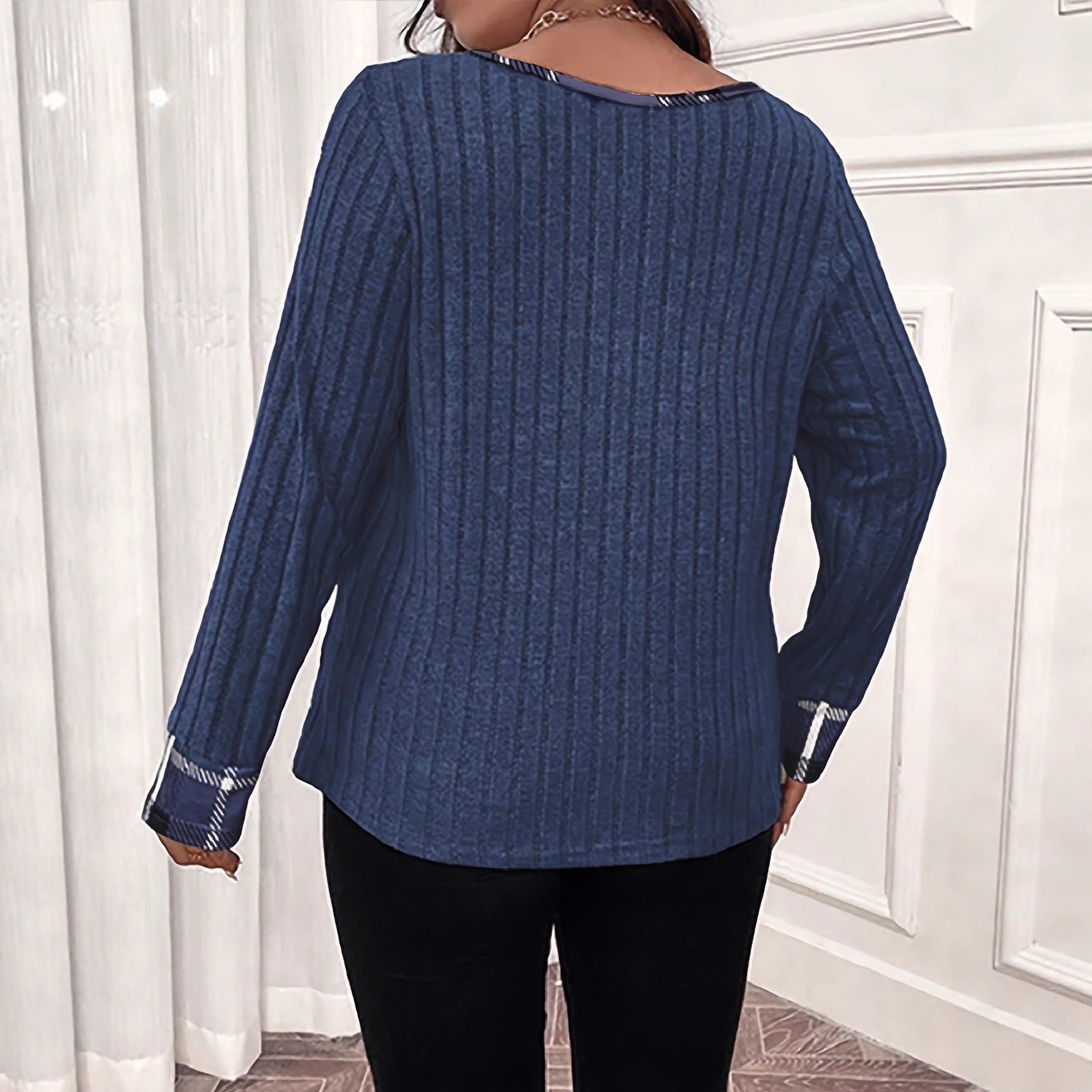 Womens Plaid-print Contrast Color Long-sleeve Top