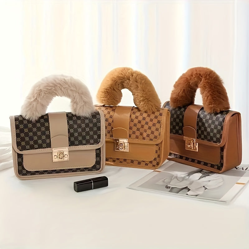 Women'S Vintage Faux Fur Shoulder Bag with Geometric Pattern, Retro Style, Lightweight, Detachable Chain Strap, Safety Lock Closure, Polyester Lining, Ideal for Casual Dates & Special Occasions, Available in White, Black, and