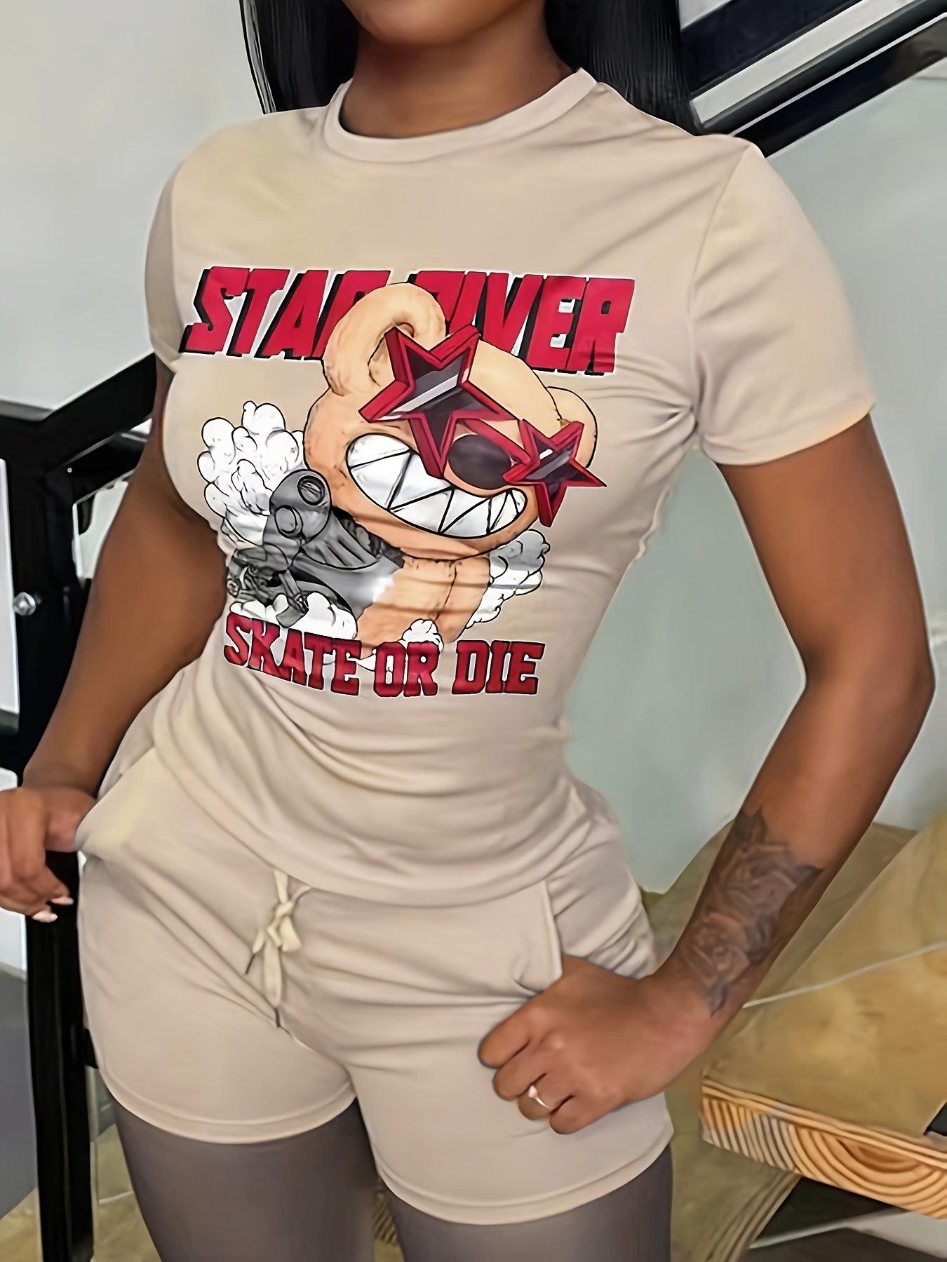 Casual Two-piece Set, Graphic & Letter Print Crew Neck Short Sleeve Top & Shorts Outfits, Women's Clothing