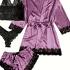 Three Quarter Sleeve Satin Elegant Lounge Set, Contrast Lace Robe With Belt, Cami Bra, Panty, and Elastic Shorts, Women's Loungewear