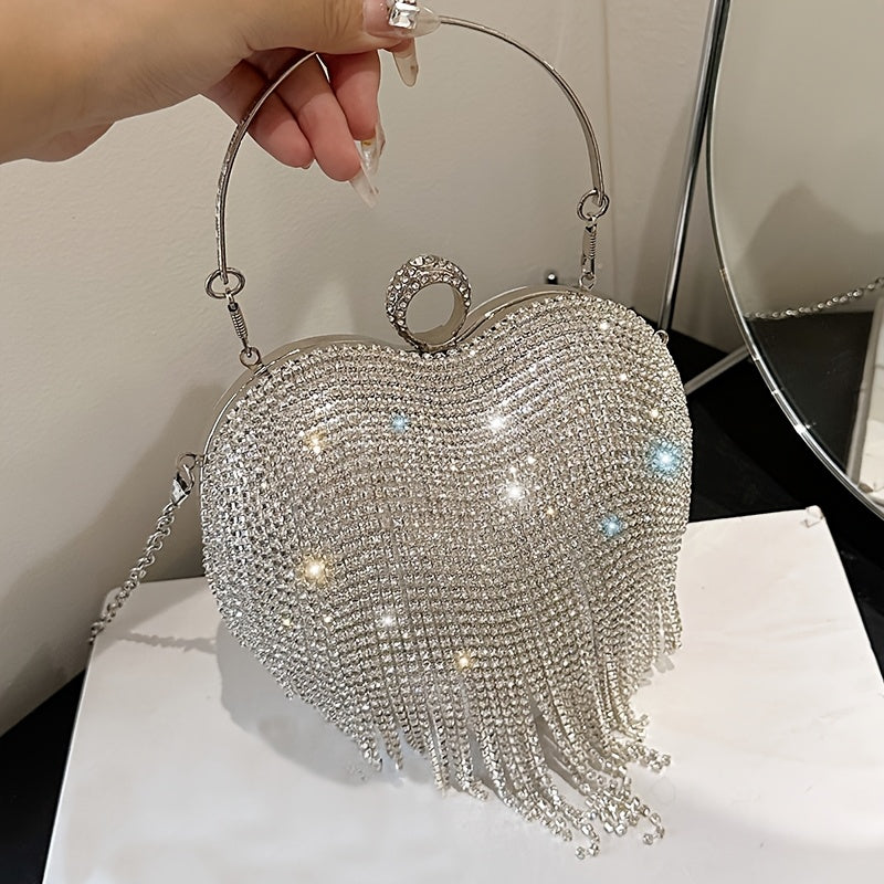 Elegant Heart-Shaped Rhinestone Evening Clutch with Tassel, Lightweight Acrylic Party Handbag with Removable Strap, Buckle Closure, Rayon Lined, No Pattern Design for Valentine'S Day