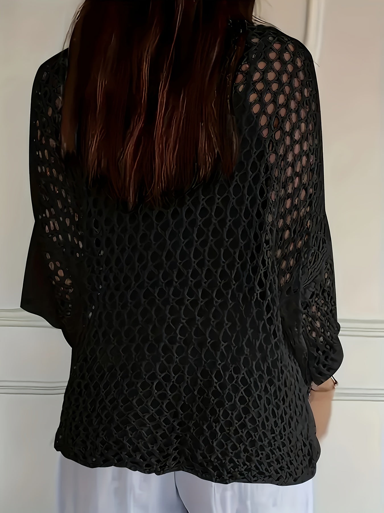 Women's Loose Hollow Star Cardigan Round Neck Shirt Summer Swim Cover-Up