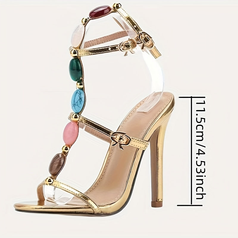 Elegant Women's Golden Striped High Heel Sandals with Colorful Gemstone Accents - Open Toe, Ankle Strap Party Shoes for Summer, PU Cover & PVC Sole