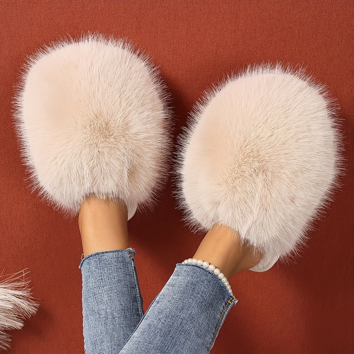 Women's Faux Fur Elegant Slippers – Korean Style, Warm All-Season House Shoes with Non-Slip Rubber Sole