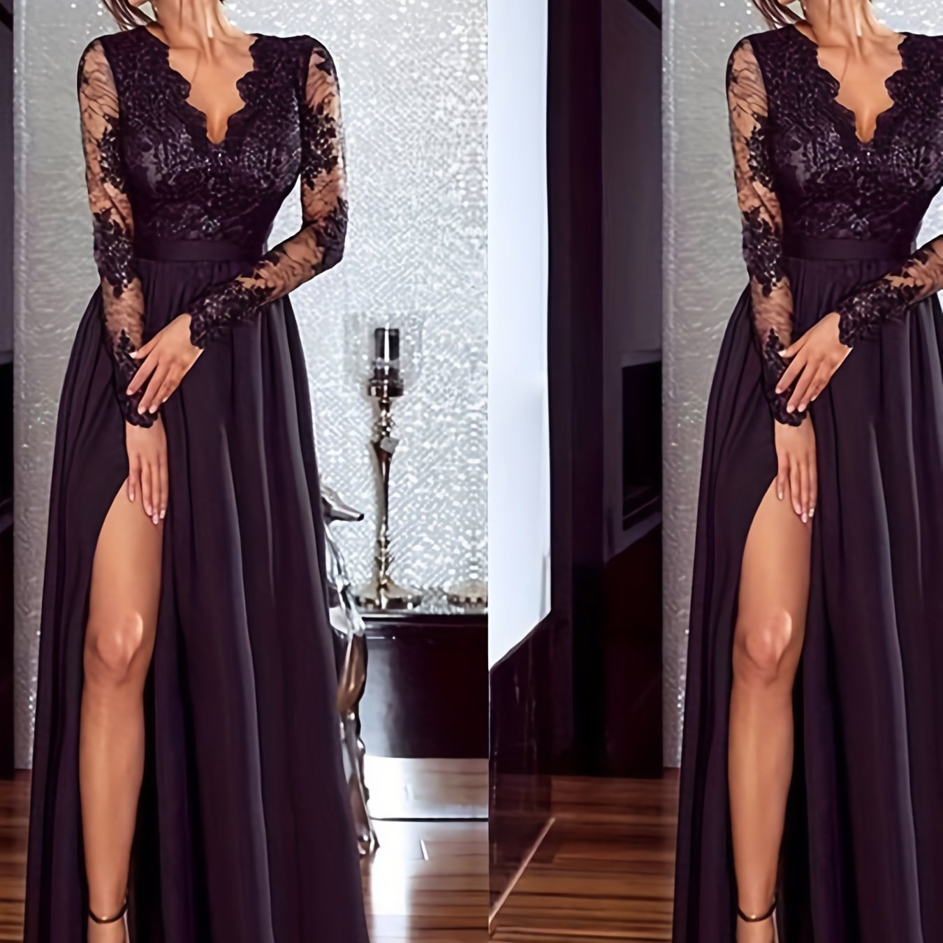 Women'S Crochet Lace Formal Dress Solid Color Long Sleeve Party Wedding Dress Bridesmaid Long Dress