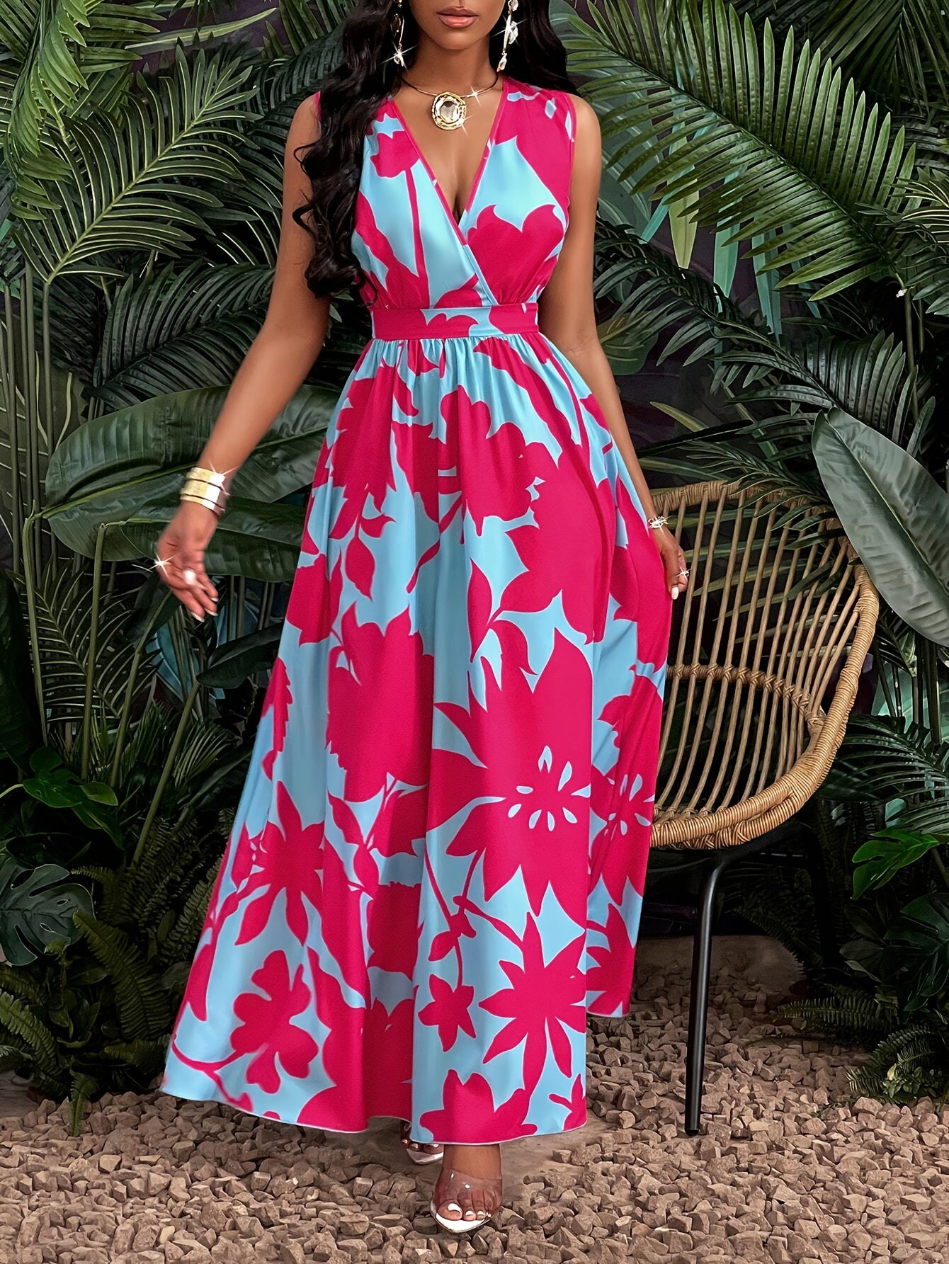 Women's Tropical Print V-Neck Flared Maxi Dress with Cinched Waist - Vibrant Red & Blue Floral Design, A-Line Silhouette, Polyester Fabric, Perfect for Vacation or Casual Outings, Vacation Wear|Flowing Skirt Style|Smooth Glos