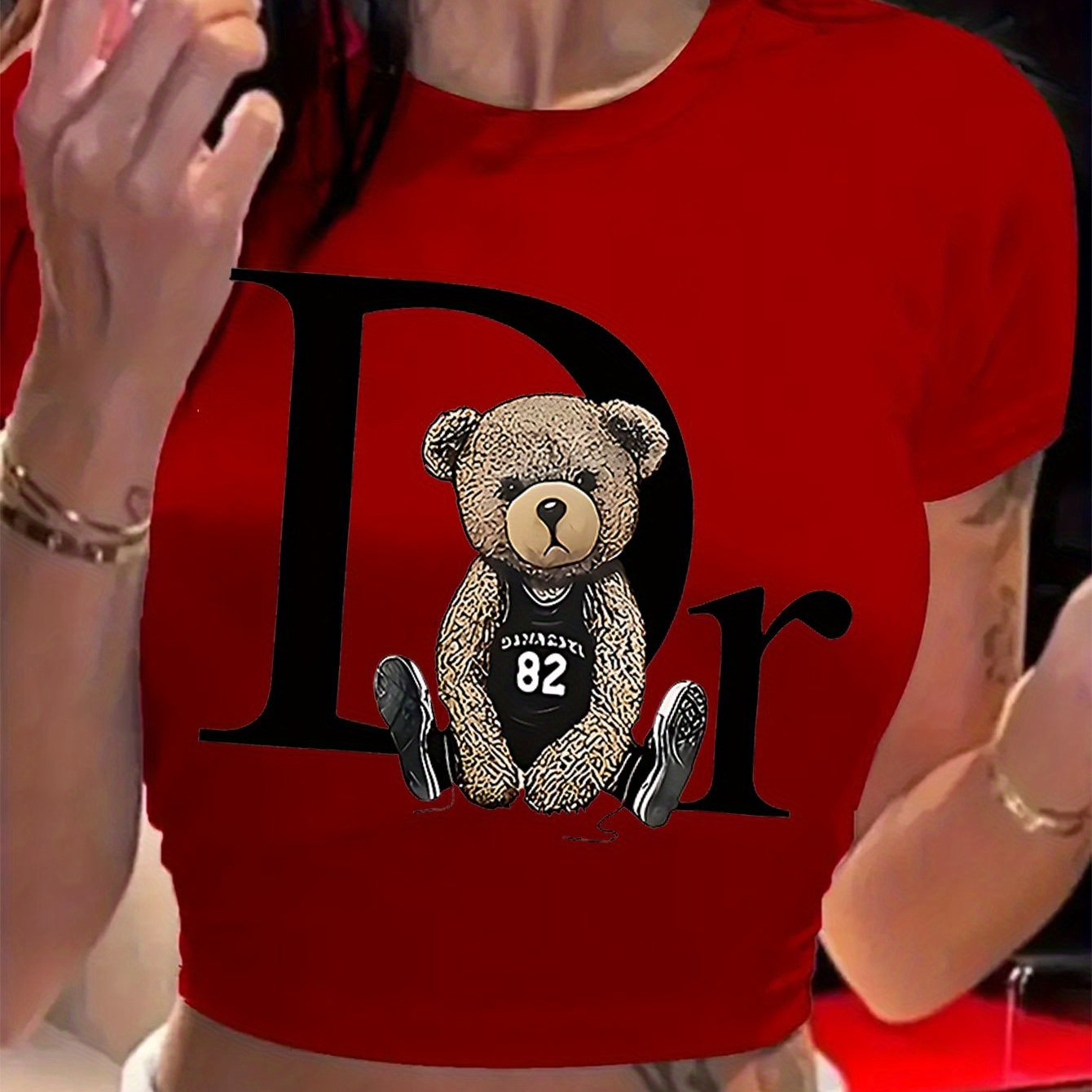 Women's Vibrant Red Bear Graphic Print Crop Top - Soft Polyester Blend Casual Short Sleeve Summer Shirt, Lightweight Fabric, Machine Washable, Casual Attire, Teddy Bear Design, Comfortable Fit