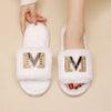 Women's Plush Slippers with Metallic "M" Design - Soft Sole, Cozy Fuzzy Fabric, Black & White Options, Comfortable Indoor Shoes for All Seasons, Ladies Slippers