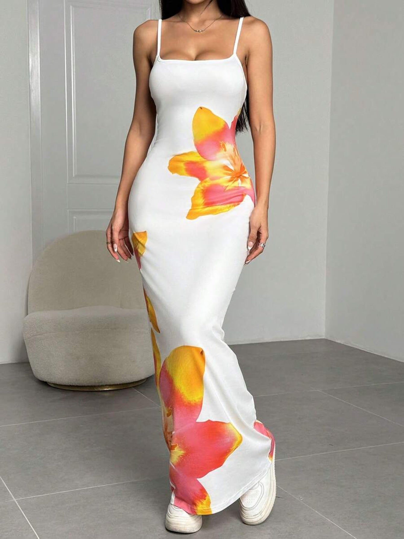 Print Long Cami Dress for Women - Stretchy Polyester Blend, Sleeveless Bodycon with Vibrant Orange & Red Flower Design, Machine Washable, Summer Fashion, Summer Evening Wear | Fitted Silhouette | Smooth Glossy Fabric