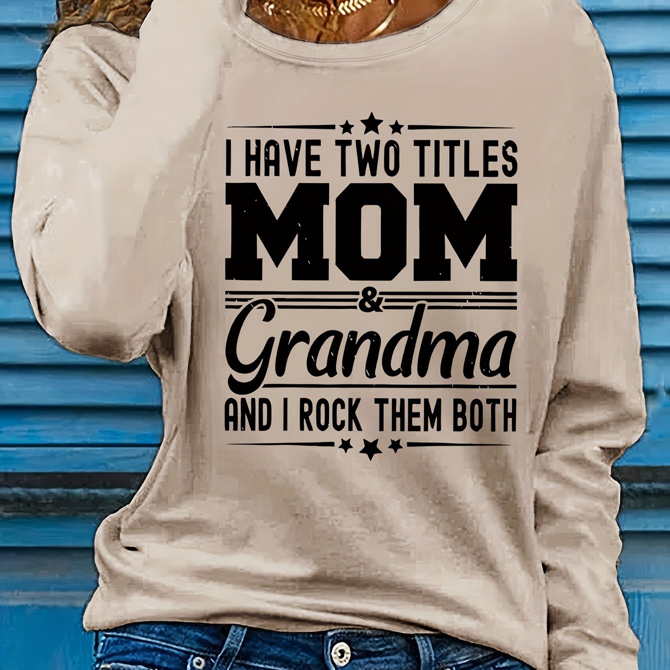 Women'S Long Sleeve Crew Neck T-Shirt with "Mom & Grandma" Letter Print, Casual Polyester Top for All Seasons, Knit Fabric with Medium Stretch, Regular Fit - Applique Detail
