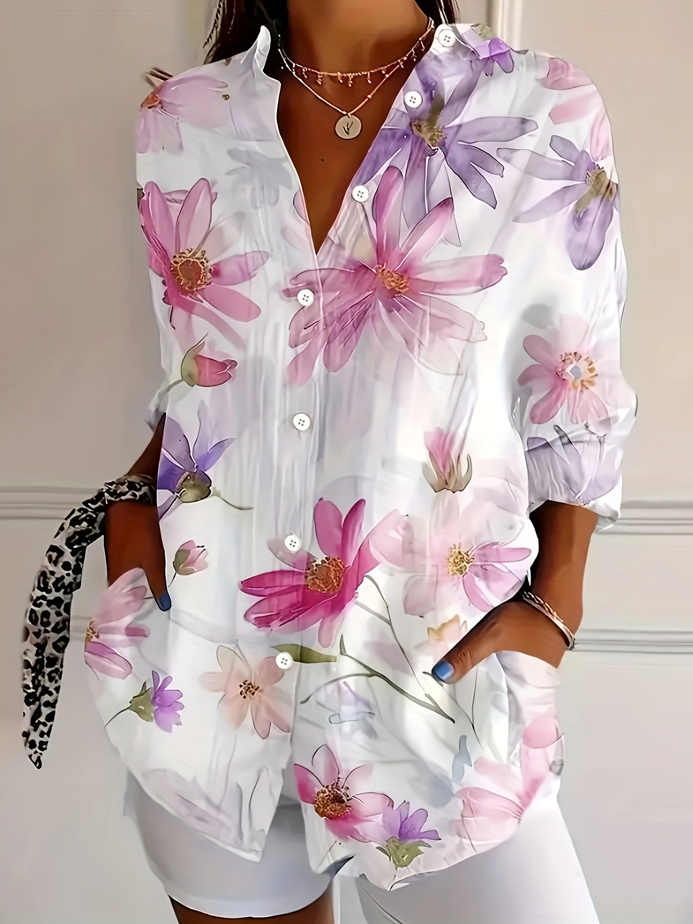 Women'S Floral Print Blouse | Lightweight Polyester | Button-Up with Lapel Collar | Pastel Pink, Purple & White Flowers | Machine Washable | Spring/Summer Fashion Top for Casual or Dressy Occasions, Ladies Blouses