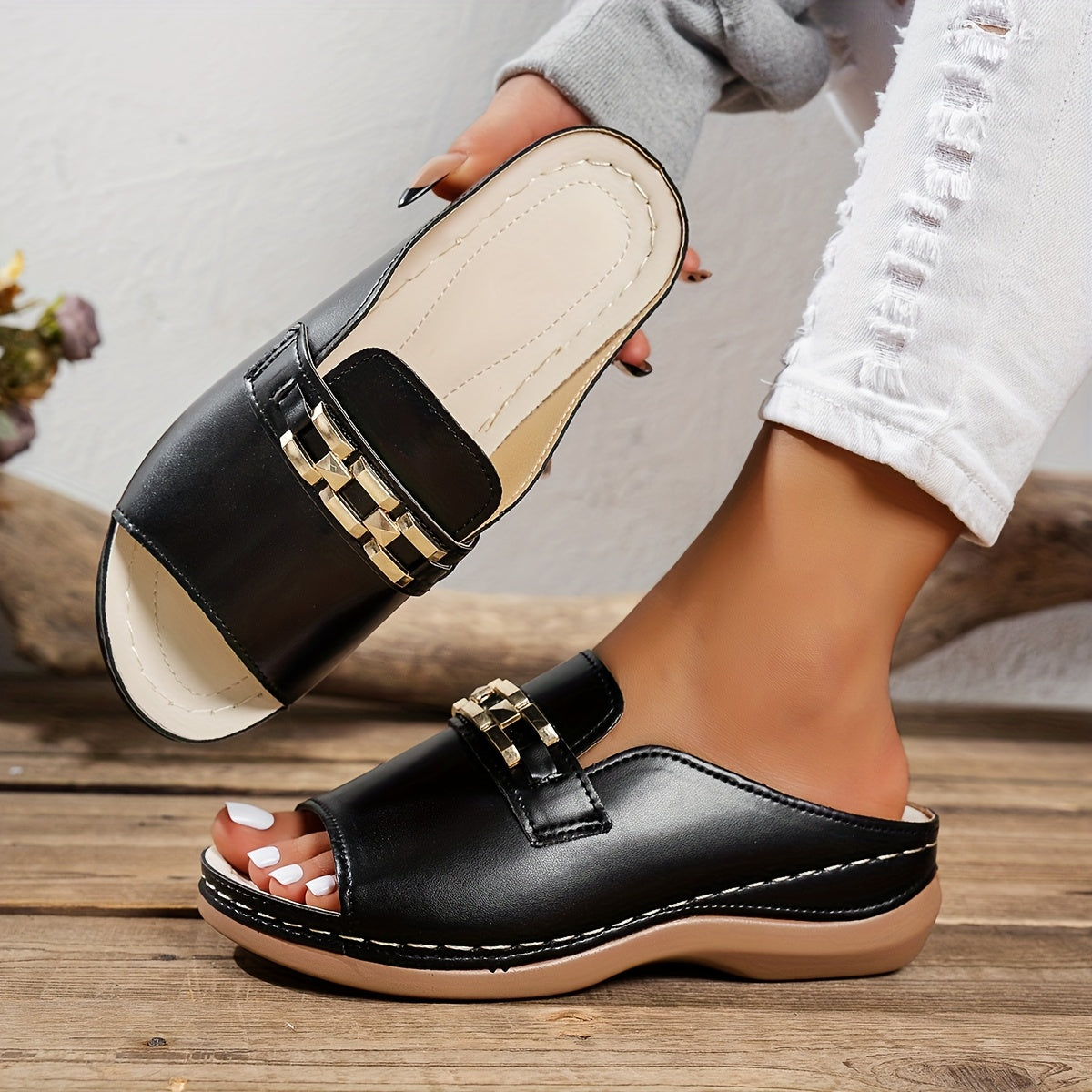 Women'S Chunky Sole Platform Sandals - White Slip-On with Golden Buckle, Flat Heel, Open Toe Design, PU Sole, Synthetic Insole & Upper, Casual Footwear|Chunky Sole Sandals|Durable Footwear