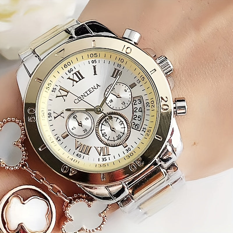 Quartz Watch For Women Stainless Steel Wrist Watch Alloy Pointer With Bracelet Set For Gifts Women daily uses Gifts For Eid