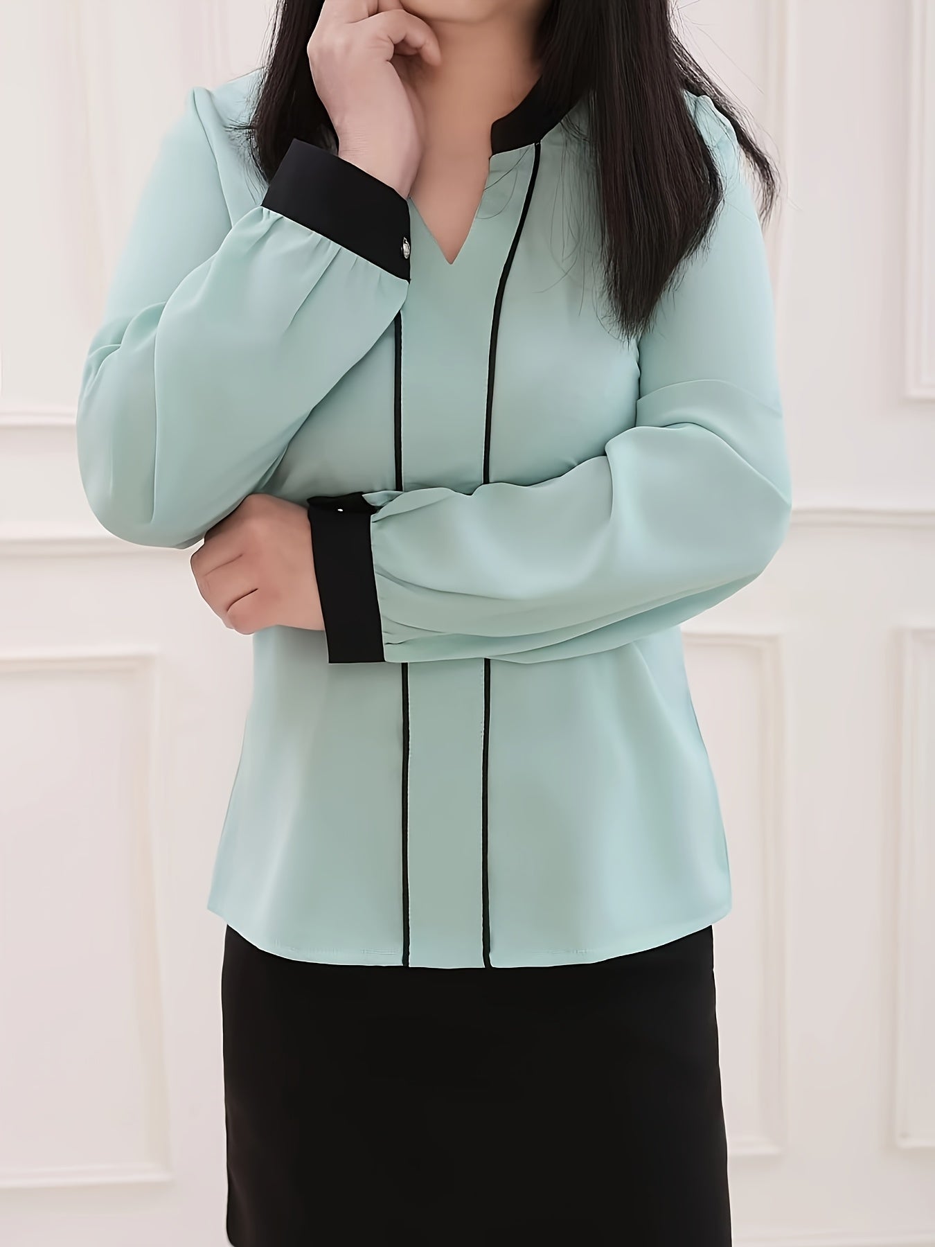 Women's Elegant Office Work Shirt, Color Block Cut-Out Collar Long Sleeve, Casual Fashion Two-Way Wear, Spring/Summer, Polyester, Solid Color, V-Neck, Adult, Woven Fabric