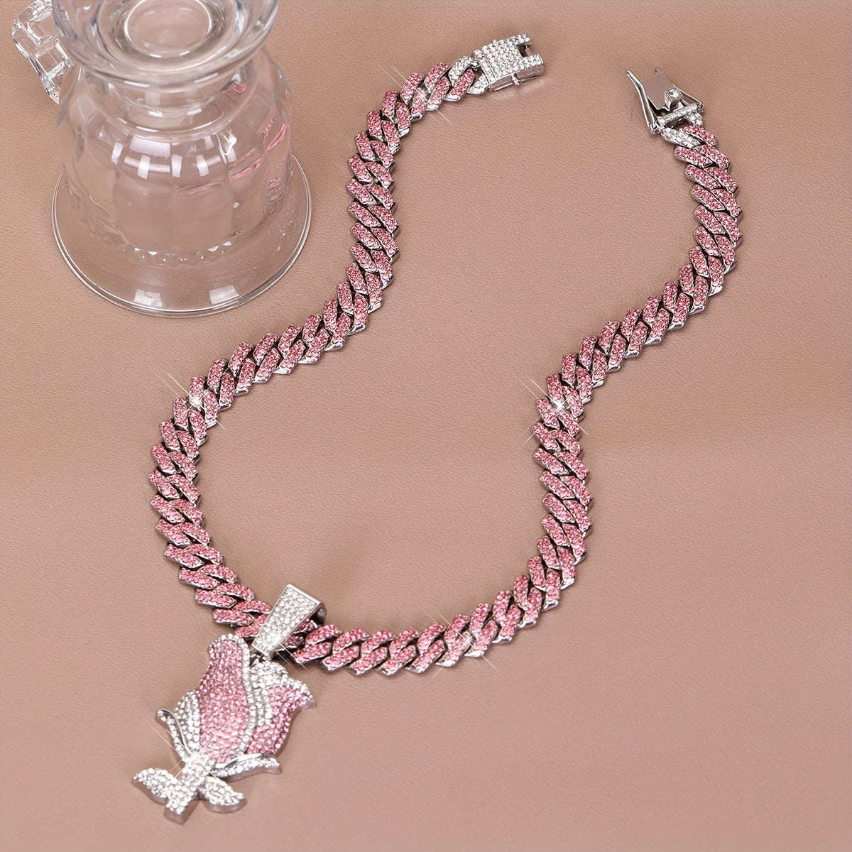[Pink Rose Ladies Pendant] Elegant Pink Rose Pendant Necklace - Full Water Drill, Perfect for Daily Wear and Gifts