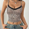 Y2K Style Leopard Print Racerback Tank Top with Black Lace Detail - Short Sleeve, Spring/Summer Fashion, Casual Wear, Casual Wear Top|Playful Fashion|Lace Trim Top, Leopard Print Top