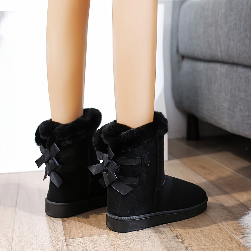 Women'S Mid-Calf Snow Boots with Faux Fur Trim, Round Toe, Non-Slip PVC Sole, Thick Warm Flannel Lined, Solid Color Winter Footwear
