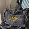 Vintage-Inspired Embroidered Lettering Denim Tote Bag with Metal Chain and Pearl Accents, Casual Street Style Crossbody Shoulder Bag with Zipper Closure for Travel, Small Crossbody Bag