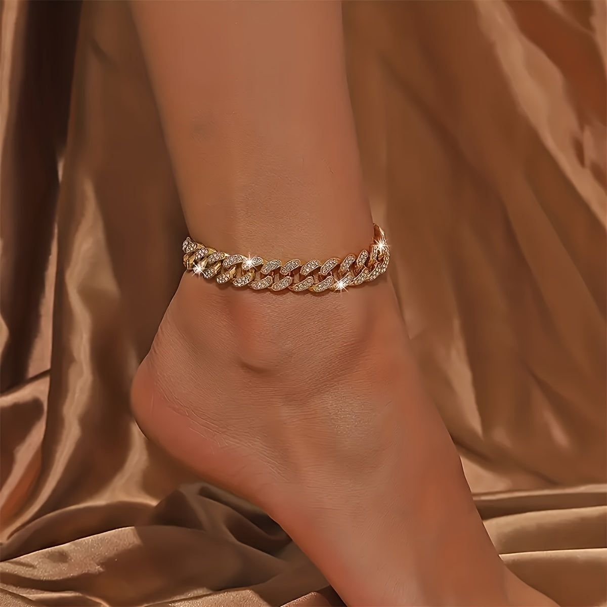 Iced-Out Hip Hop Cuban Link Chain Anklet, Sparkling Rhinestone, Perfect for Beach & Casual Attire, Ideal Mother's Day Gift