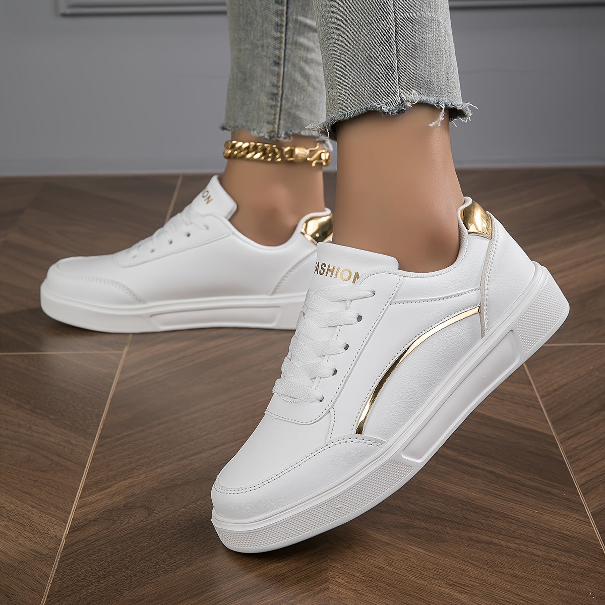 Women'S Stylish White Sneakers with Golden Accents - Casual Lace-Up Athletic Shoes for Outdoor Activities, Casual Wear, and Skateboarding, Casual Athletic Shoes | Trendy Casual Shoes | Durable Athletic Footwear