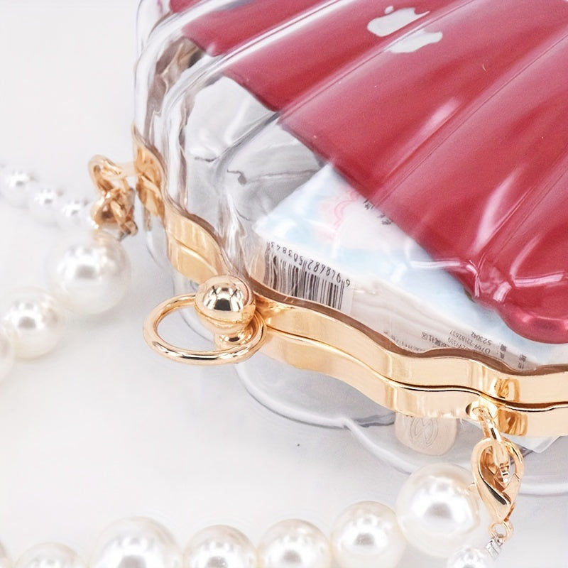 Casual Acrylic Pearl Beaded Shell Crossbody Bag with Removable Strap, Transparent Unlined Clutch with Buckle Closure, Checkpoint-Friendly Fashion Accessory