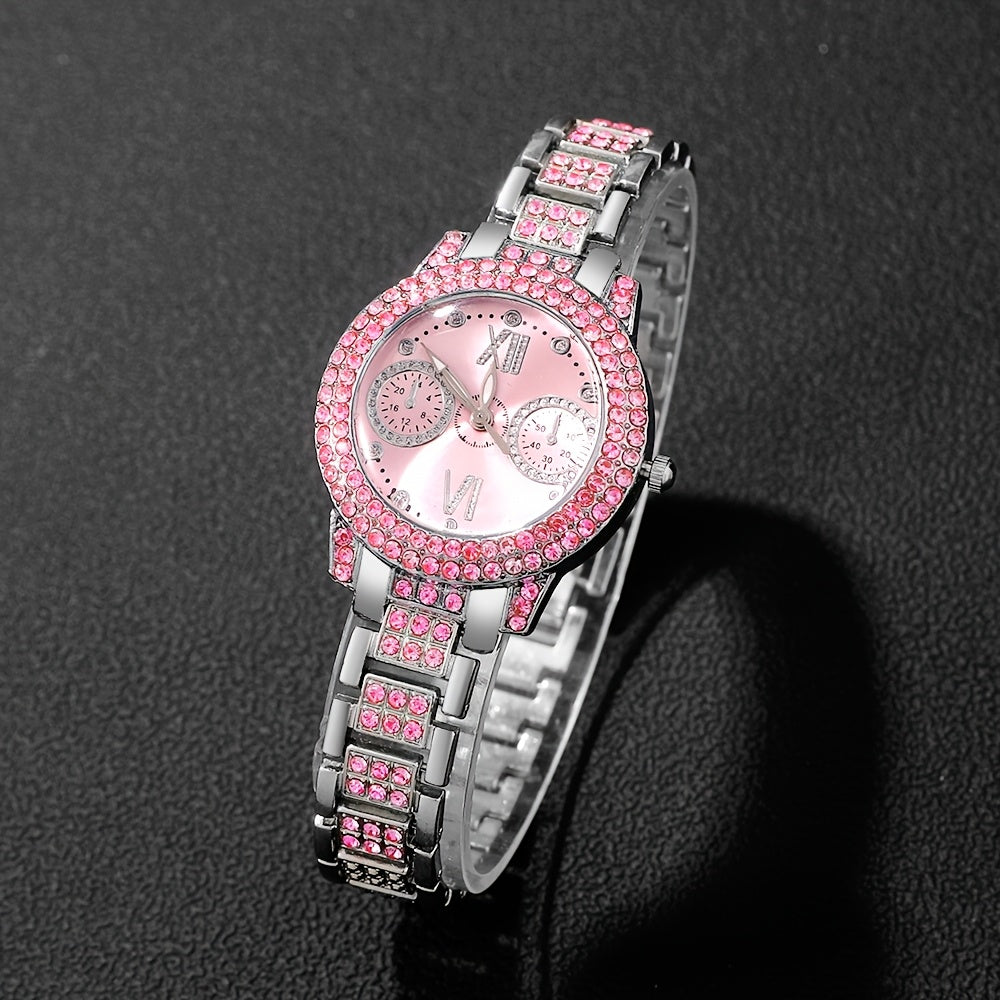 A Fashionable Holiday-style Pointer-type Ladies' Quartz Watch Set Of 4 Pieces, Exquisite And Shiny Ladies' Watch Set, 1 Watch + 3 Jewelry Set, Selected Ladies' Watch Set