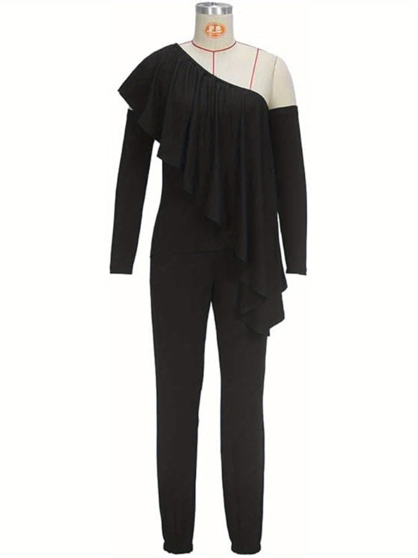 2pcs Sets for Women - Off-Shoulder Pullover & Wide-Leg Pants Outfit, Black Solid Color, Machine Washable All-Season Casual Elegant Outfits for Office, Lunch & Evening Events