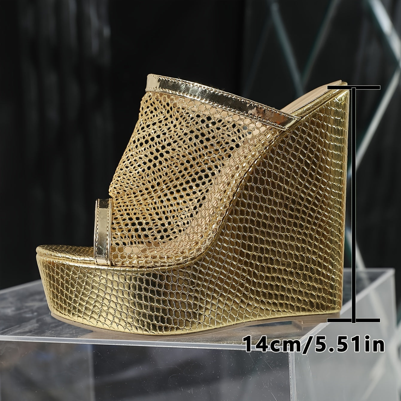 Elegant Golden Snake-Pattern Wedges | Women's Summer Slip-on Platform Heels with Round Toe | Polyurethane Upper & Inner, Rubber Sole | Ultrahigh 5.51inch Heel | Huizhou Crafted Mesh Peep-Toe Sandals
