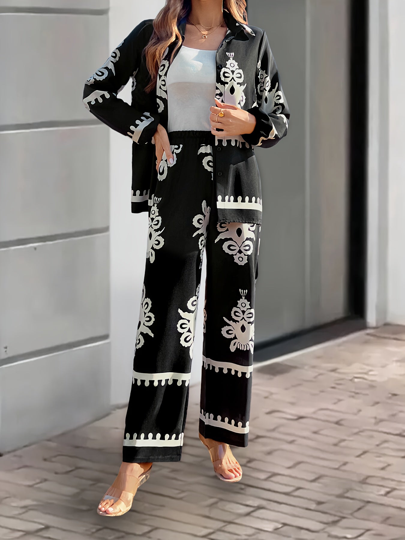 2pcs Elegant Special Set for Women with Random Print Front Button Long Sleeve Top and Pants Casual Suit