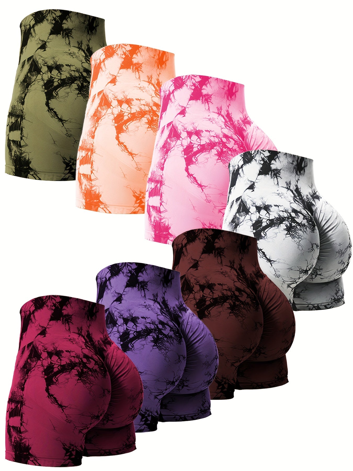 Set Of 7 High Waist Belly Control Shaping Shorts, Tie-dye Yoga Peach Hip-lifting, Compression Fit For Gym And Outdoor Summer Activities, Multi-color Combination Set