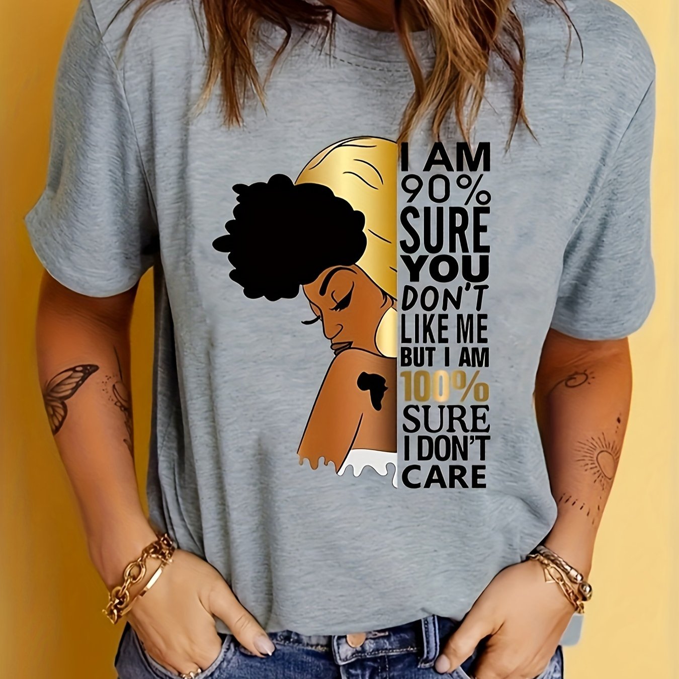 Women's Purple "I Don't Care" Empowerment Print T-Shirt - 100% Positive Affirmation Short Sleeve Top with Golden Accents, Round Neck Casual Summer Shirt, Machine Washable & Semi-Sheer for Layering, Everyday Fashion, Fashion S