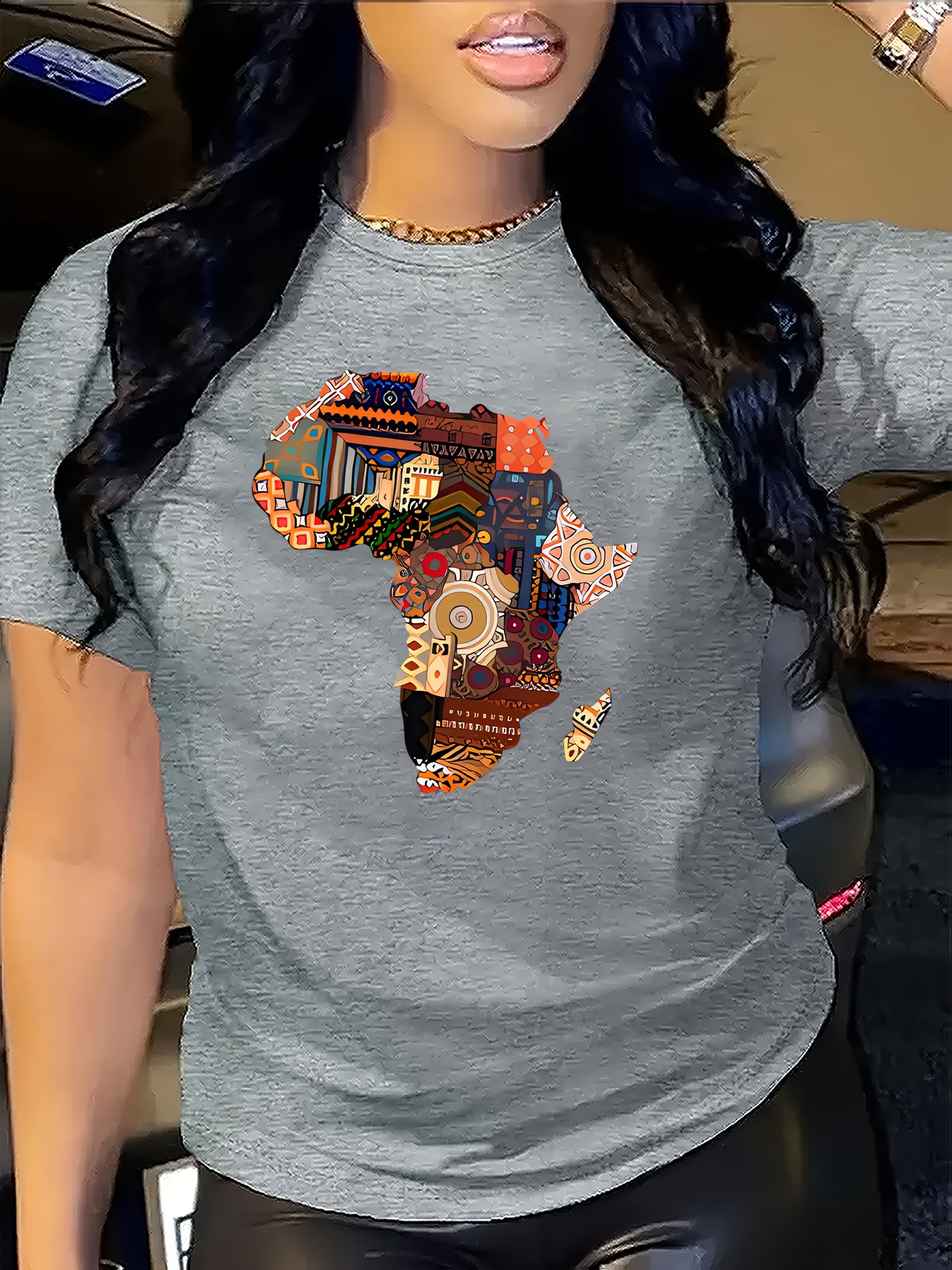 Women's African-Inspired Patchwork Print Casual Short Sleeve T-Shirt - Vibrant Red Round Neck Top with Cultural Motifs, Medium Stretch & Machine Washable for Spring/Summer, Casual Attire, Comfortable Fabric