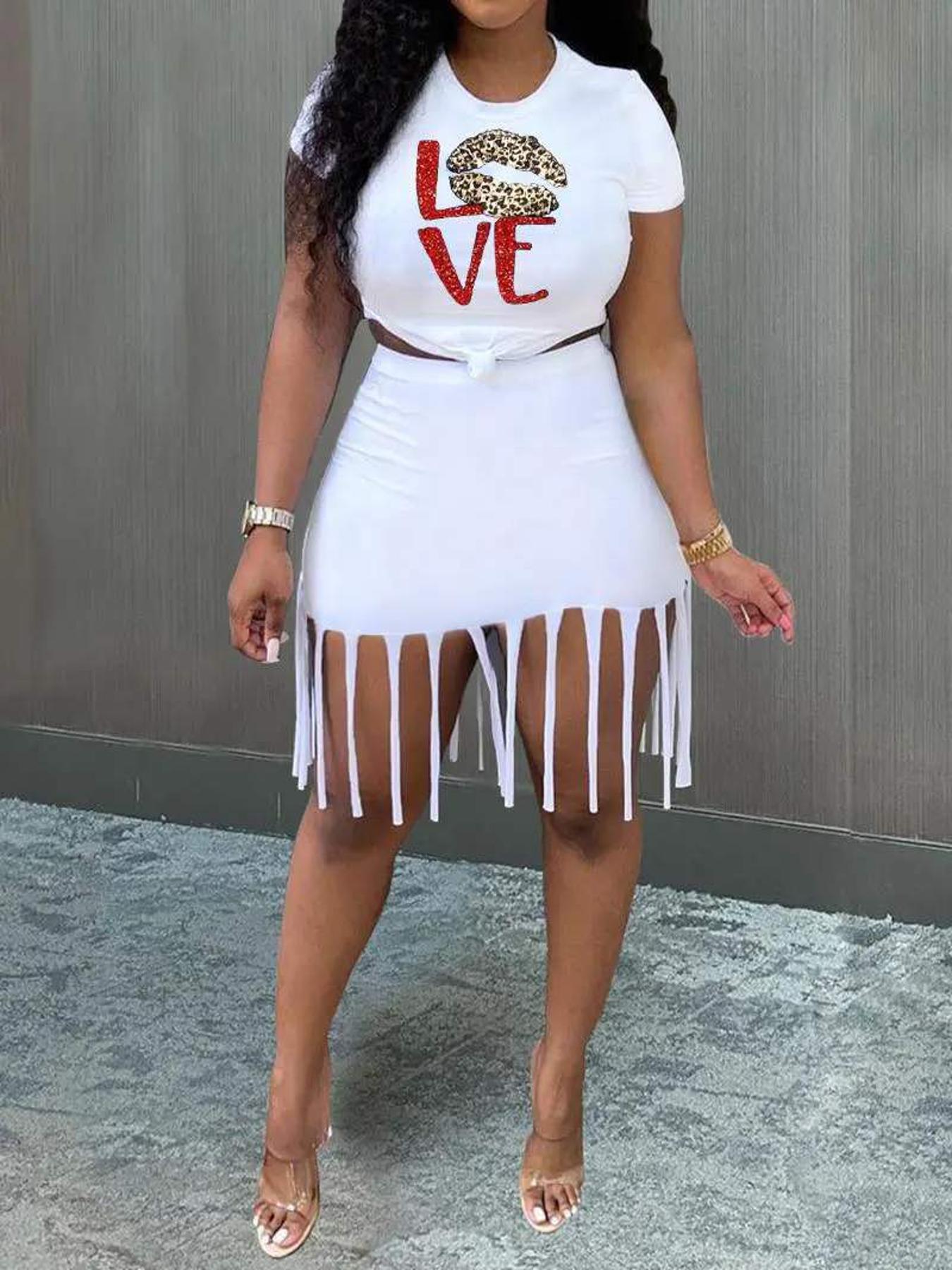 Fringe Hem Skirt & Short Sleeve Graphic Top